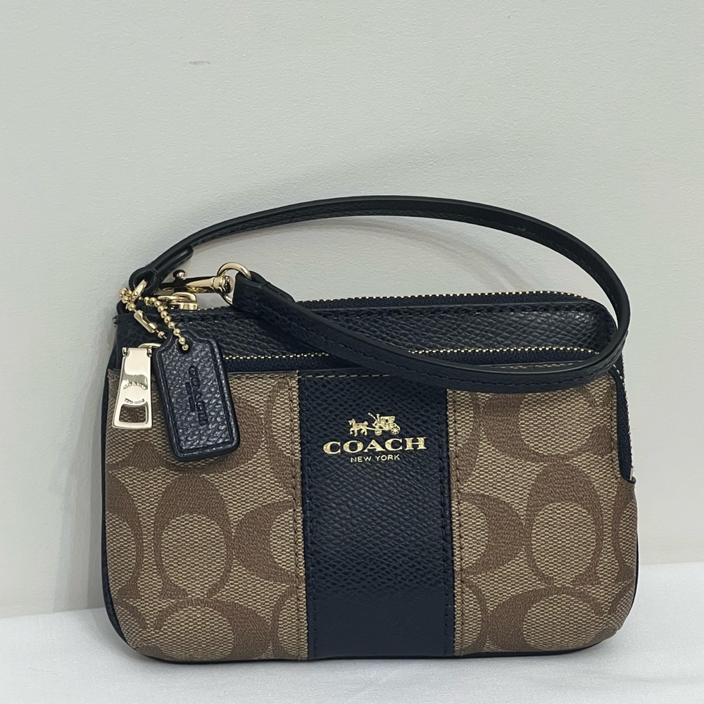 Coach Tan Signature Wristlet with Black Leather Trim
